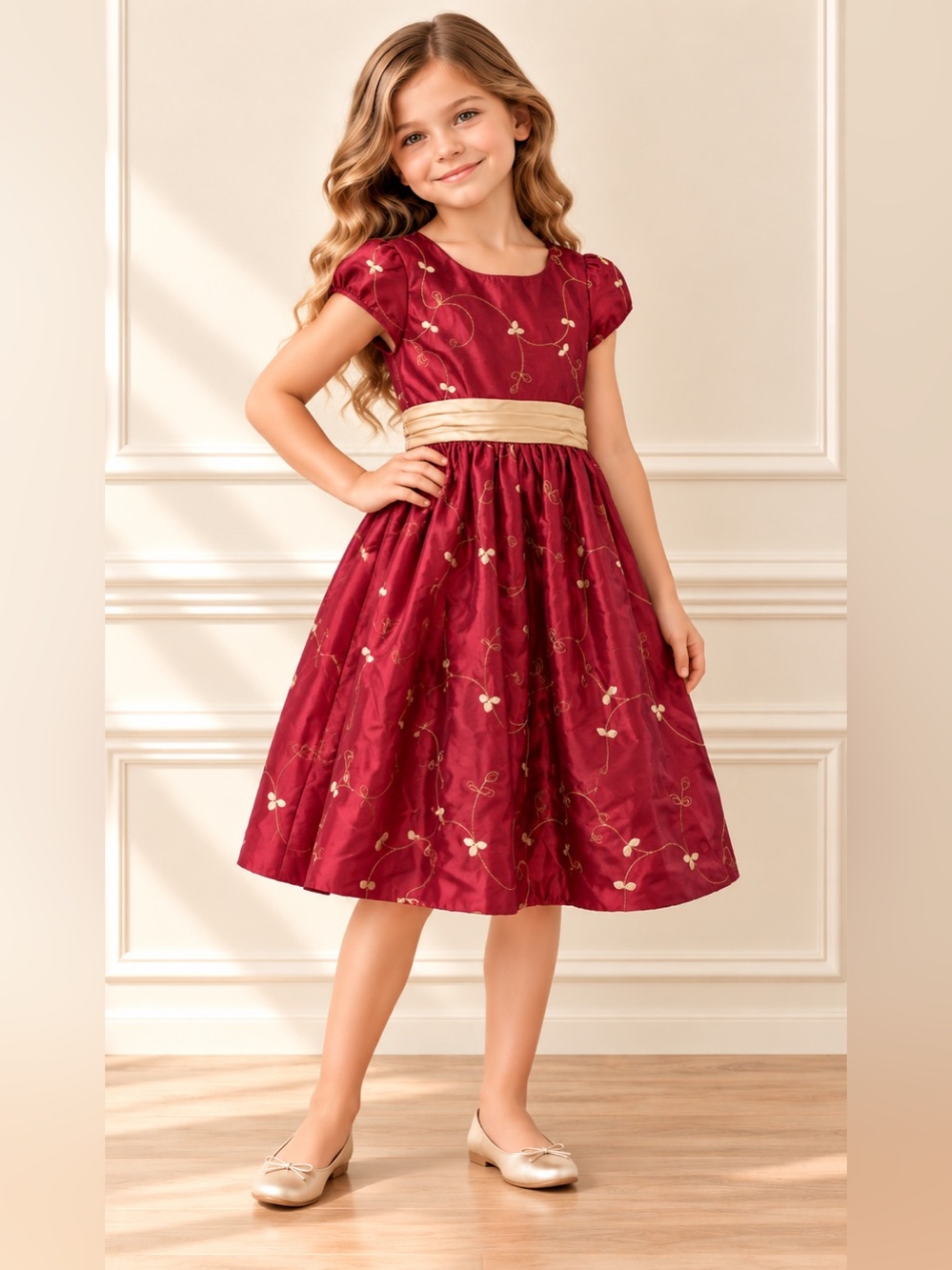 George Burgundy Dress with Gold Accents